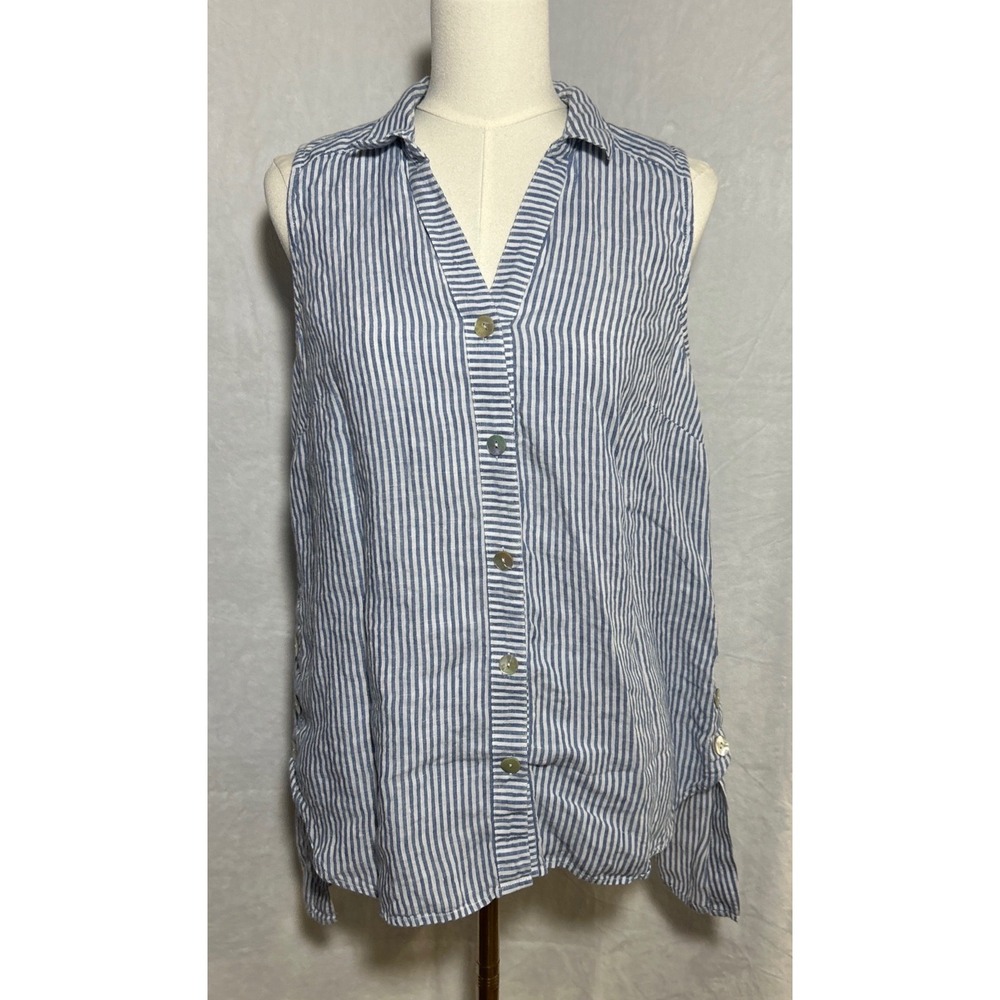 J. Jill Love Linen Sleeveless Button Up Tunic Womens M Blue Preppy Lagenlook